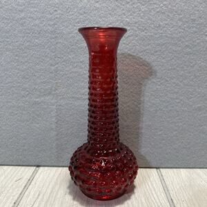 E.O. Brody Co. Ruby Red Hobnail Glass Vase Vintage 1960s Art Decor Glassware